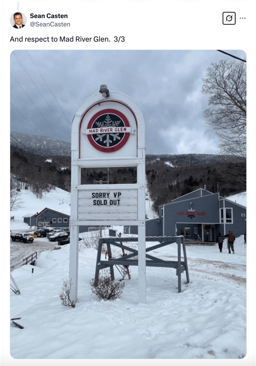 Screenshot of X post about JD Vance's Vermont trip